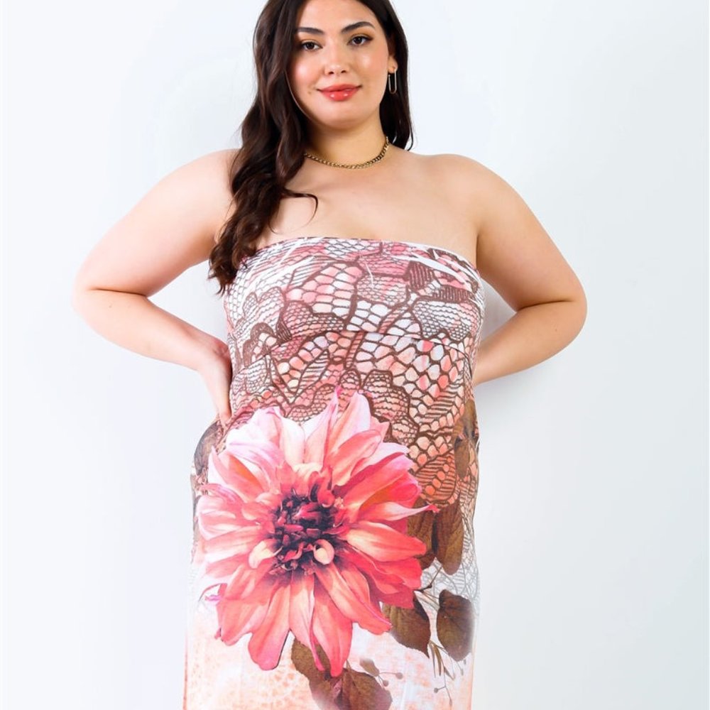 Peach Flower Print Sleeveless Midi Dress - Plus Size